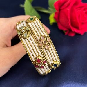 Beautiful Gold Tone Pearl Beaded Multi Gemstone Bangles Set.